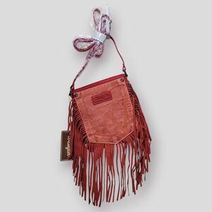 Wrangler Women's Fringe Pocket Denim Crossbody Bag Red